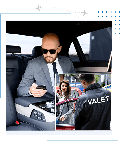 A man in a suit seated in the back of a car, representing a transportation company in Qatar.